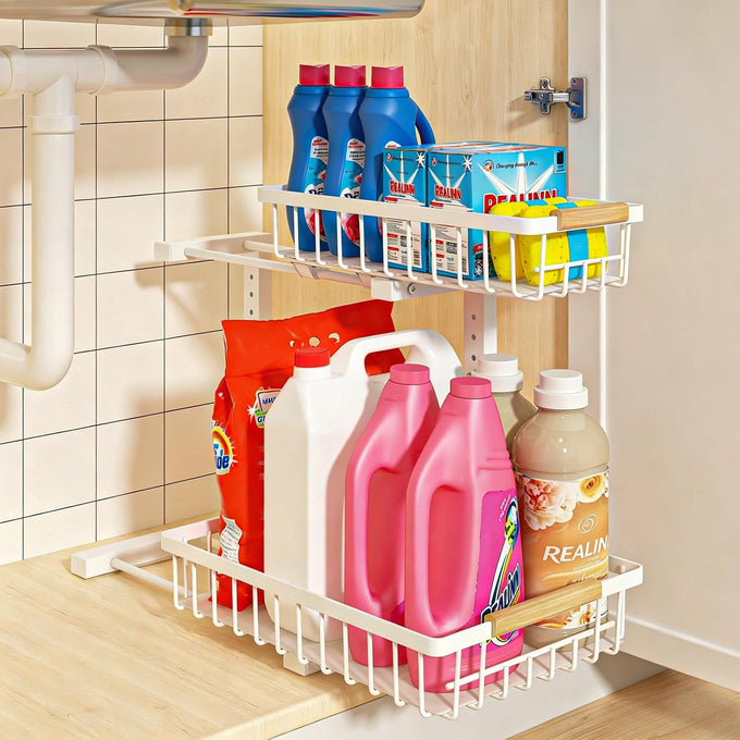 REALINN Under Sink Organizer, White 2 Pack Height Adjustable