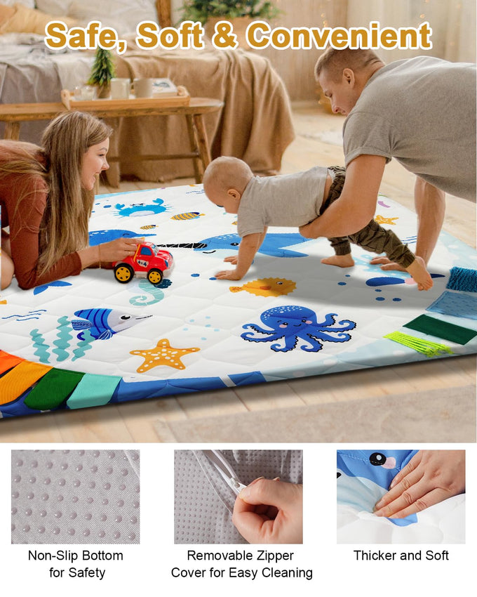 TINYHARBO Premium Foam Baby Play Mat 71x59, 4 Developmental Zones Play Mat with Removable & Machine Washable Cover, Extra Thick Padding Playpen Mat, Easy to Clean for Infants, Toddlers & Babies