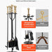 VEVOR Fireplace Tool Set, 5 PCS Fire Tool Set and Holder with Five-Prong Stand, Tongs, Ash Shovel, Brush, Fire Place Poker, Wrought Iron Fireplace Accessories for Indoor/Outdoor, Black & Brass