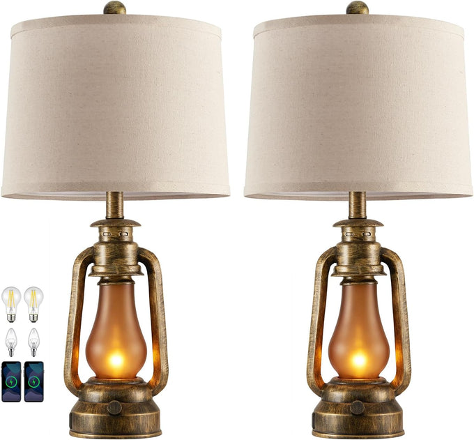 Farmhouse Lantern Table Lamps for Living Room Set of 2 with USB C+A