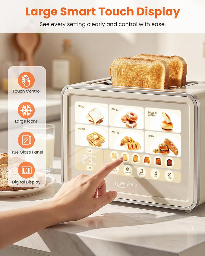 Keenstone 2 Slice Toaster, Smart Touch Screen Cream Toaster with Wide Slot