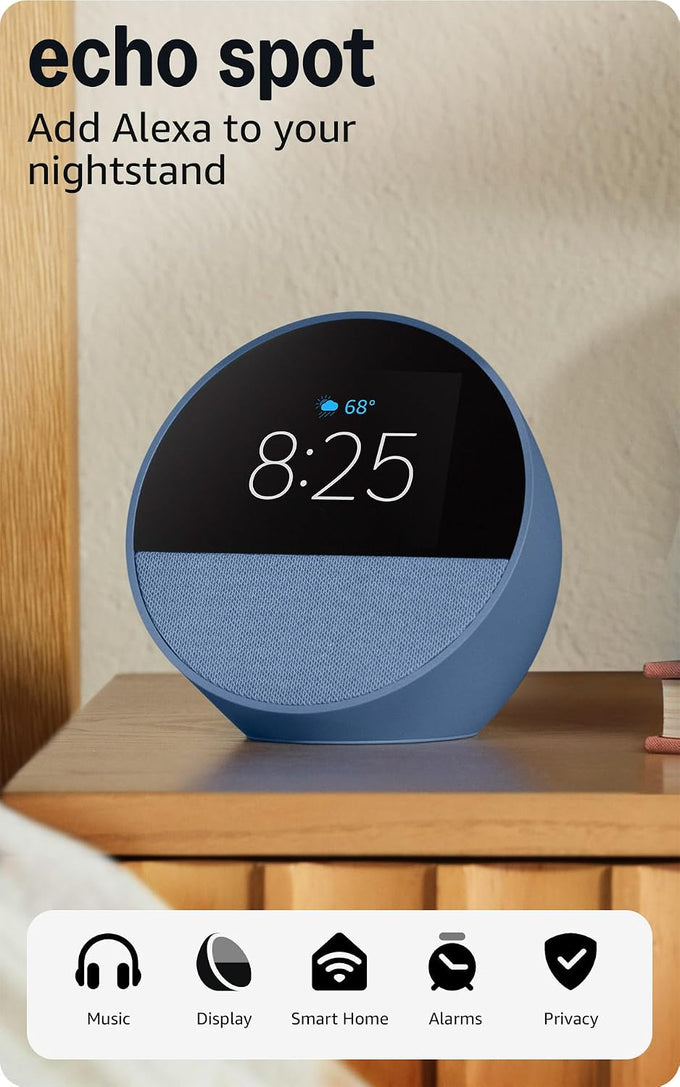 Amazon Echo Spot (newest model), Great for nightstands, offices and kitchens, Smart alarm clock, Designed for Alexa+, Glacier White