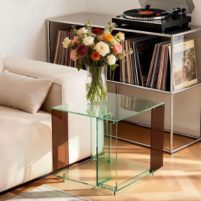 Acrylic End Table Square: 2-Tier Nightstand Desk Clear Green Brown
