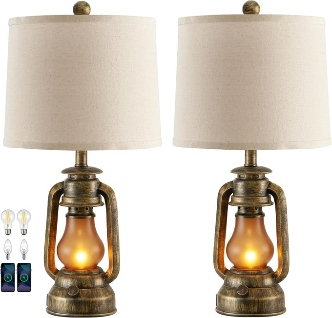 Farmhouse Lantern Table Lamps for Living Room Set of 2 with USB C+A