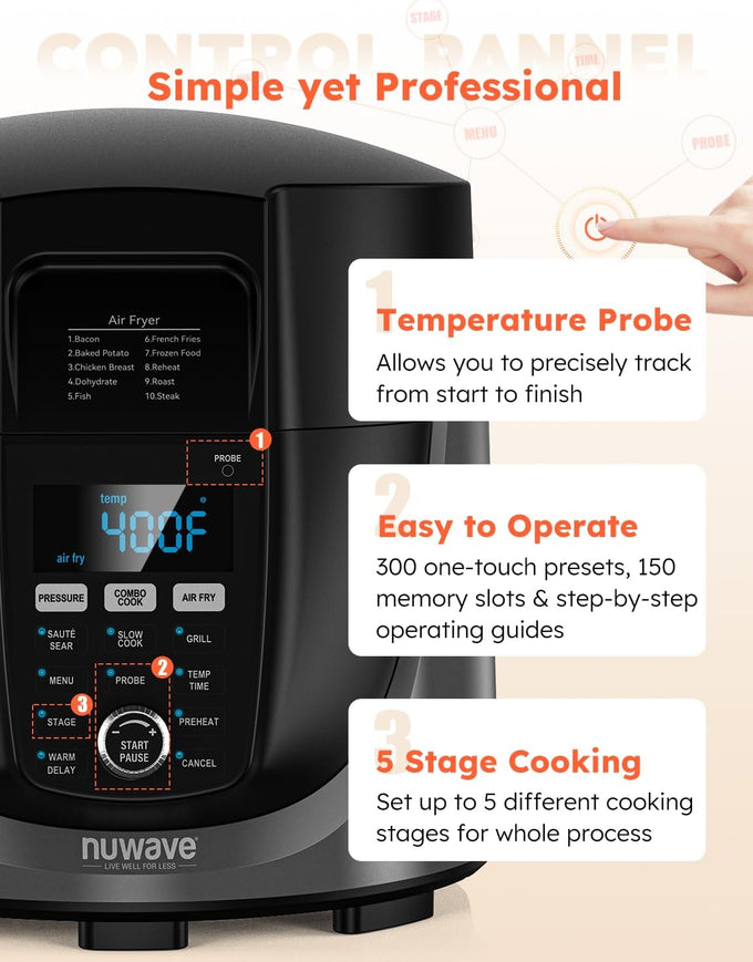 Nuwave Duet Electric Pressure Cooker & Air Fryer Combo w/Probe, 450-in-1