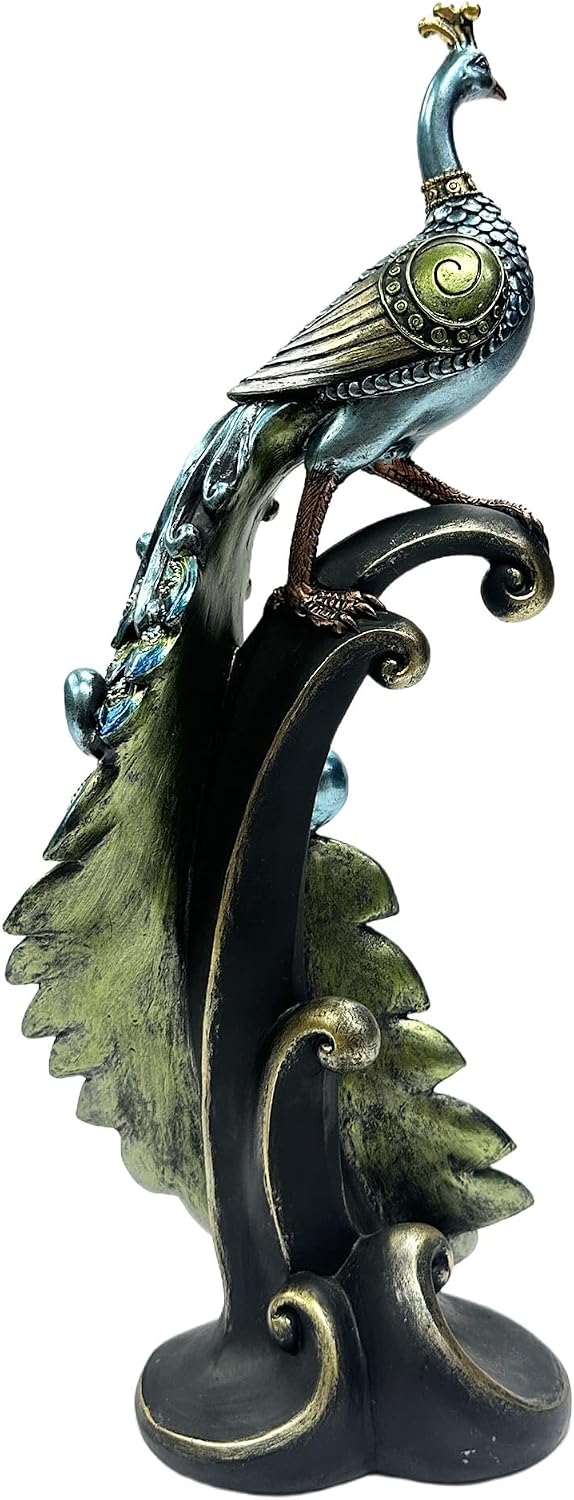 Nature's Mark 16 Inches Tall Peacock Statue - Decorative Resin Peacock Sculpture with Intricate Hand-Painted Details, Blue and Gold Accents for Home, Office, or Garden Decor