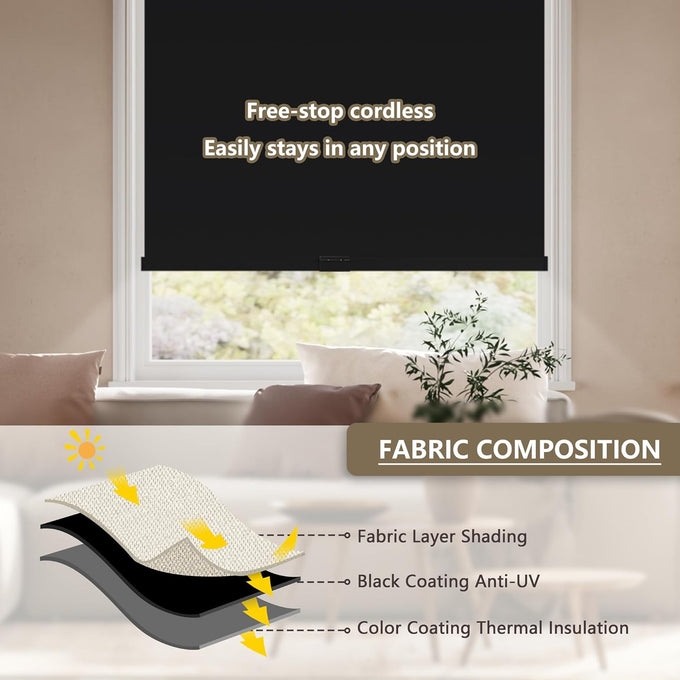 SUNOFF Cordless Blackout Roller Shades Blinds for Windows,34"W x 72"H,Black