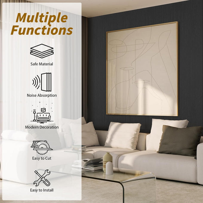 IMXPW 4-Piece Acoustic Wood Wall Panels, 3D Fluted Soundproof Wood Slat Wall Panels for Interior Wall Decor, 94.5" x 7.9"-Black