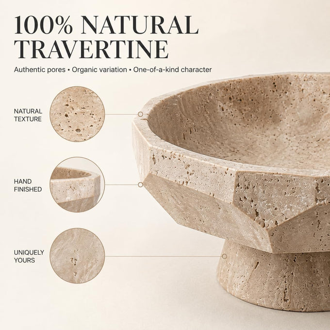 Natural Beige Travertine Pedestal Fruit Bowl, Heavyweight Geometric Diamond Faceted Stone Bowl, Modern Decorative Centerpiece Bowl for Kitchen Counter Island, Entryway Table & Dining Room