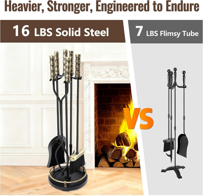 AMAGABELI GARDEN & HOME Fireplace Tools Set 5 Pcs Wrought Iron Indoor with Stand for Fire Place Kit Holder Wood Stove Hearth Accessories Chimney Fire Pit Tongs Shovel Brush Poker Fireset Outdoor Brass