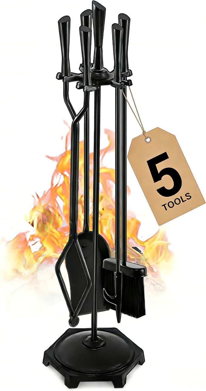 Gtongoko 5 Pcs Fireplace Tools Set 32" Black Wrought Iron Large Fire Tool Set for Outdoor/Indoor Include Chimney Poker, Rustic Tongs, Shovel, Antique Brush and Stand Accessories Set