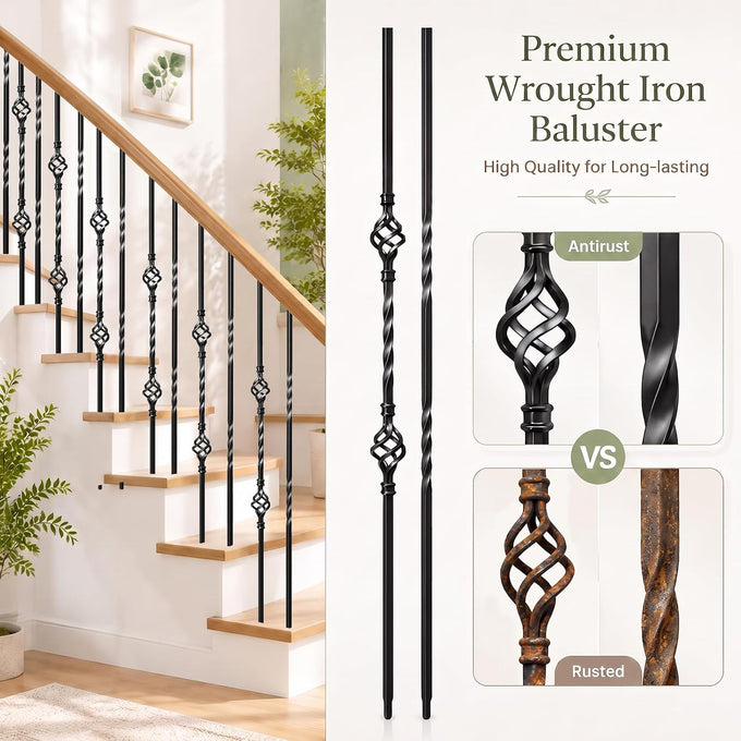 16 Pcs Wrought Iron Balusters for Staircase Interior, 44" Hollow Double Basket with Double Twist Metal Stair Spindles Balusters, 1/2" Balusters for Staircase Decorative - Matte Black