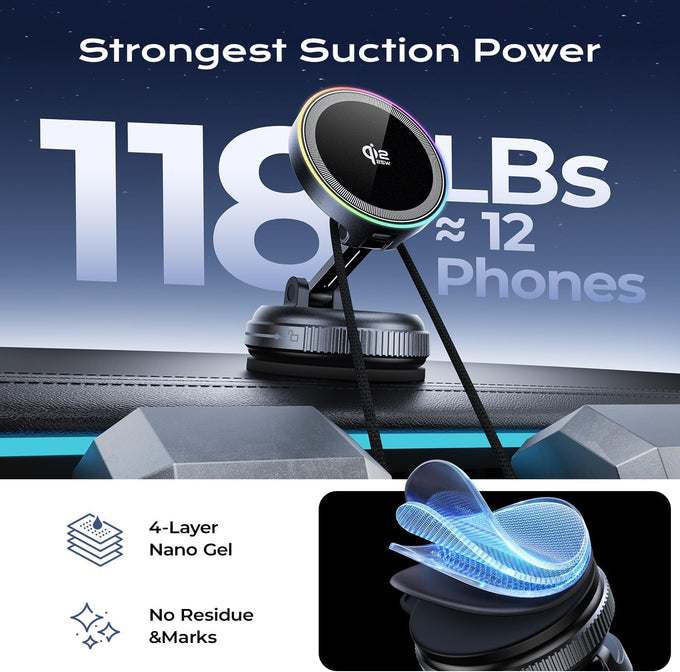 Magnetic Car Mount Charger,25W Fast Wireless Charging Stand with RGB Light