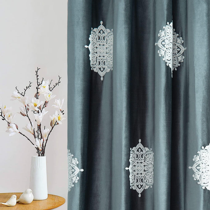 VOGOL 2 Panels Bedroom Curtains, White Flower Embroidery Room Darkening Solid Window Treatment for Living Room (Grommet Top, Grey, 52x84 Inches)