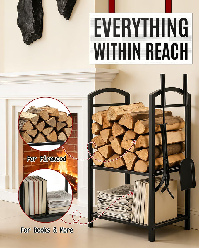 Breeze Touch 29" Heavy Duty Firewood Rack Indoor with 4 Fireplace Tools Set