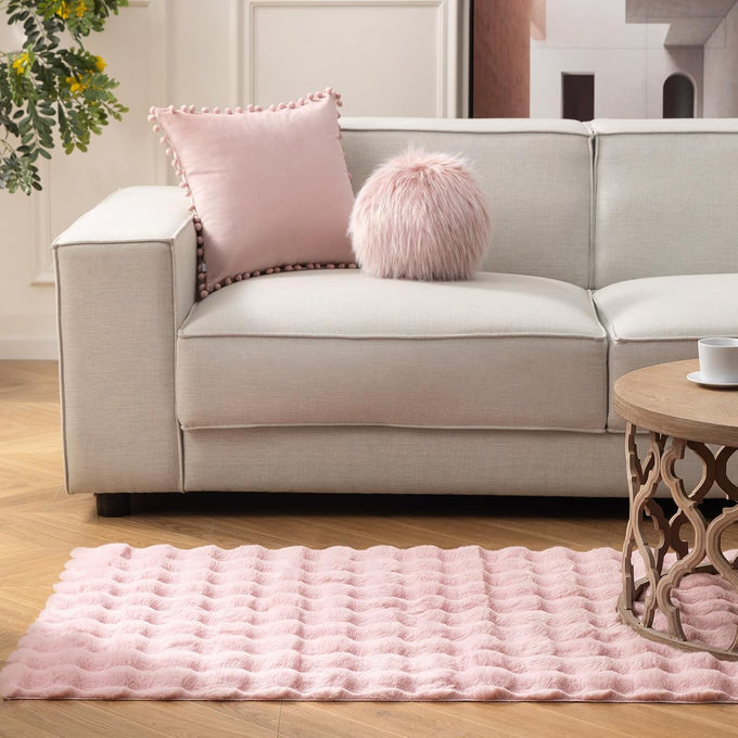 Ashler Faux Rabbit Fur Rug, White 5x7 FT Fluffy Soft Runner Area Rugs, Rectangle Fuzzy Carpet for Living Room, Bedroom, Machine Washable - 3D Bubble Mat