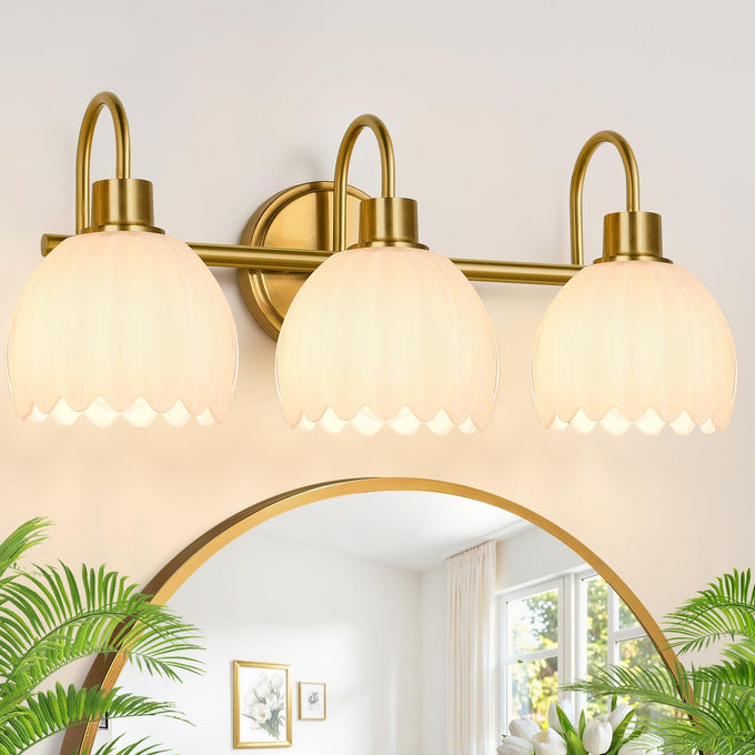 Bathroom Light Fixtures, 3-Light Brushed Gold Vanity Lights for Bathroom with Ribbed Amber Tulip Glass Shade, 20 in Bathroom Vanity Lights Over Mirror for Bedroom, Living Room, Hallway