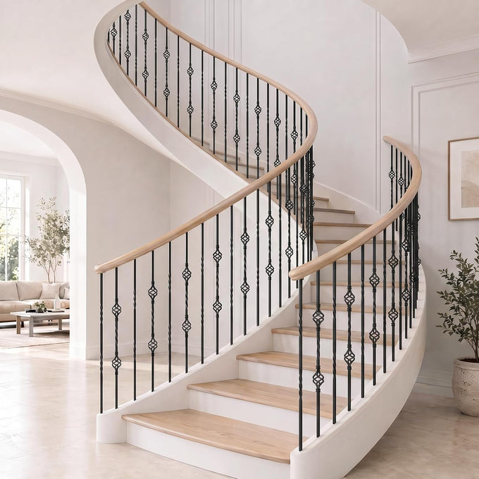 16 Pcs Wrought Iron Balusters for Staircase Interior, 44" Hollow Double Basket with Double Twist Metal Stair Spindles Balusters, 1/2" Balusters for Staircase Decorative - Matte Black