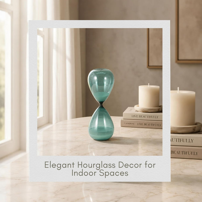 Bombara Teal Hourglass Decorative Object – Small Transparent Glass Sand Timer Modern Home Decor Accent – Shelf & Coffee Table Decor for Office & Living Room – 14", Blue & Green