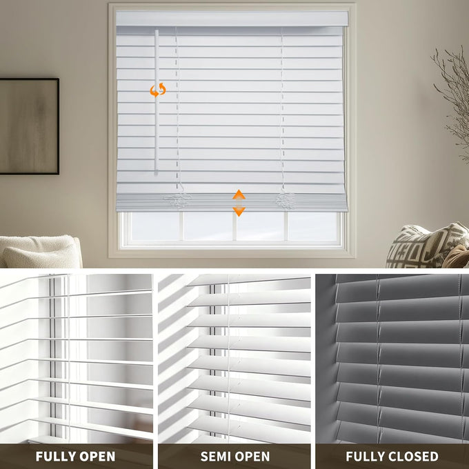 MYshade 2" Cordless Faux Wood Blinds, 34.5" W x 60" H, Slat Horizontal Blinds with Crown Valance, Room Darkening, Moisture Resistant, Window Blinds for Home Interior, White