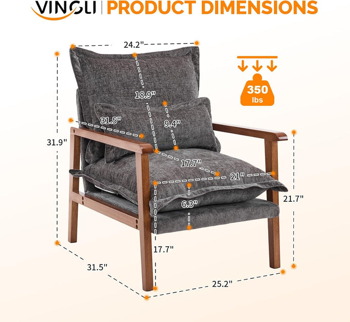 VINGLI Mid-Century Modern Cloud Accent Armchair with Lumbar Pillow, 6.3'' Thick Seat Cushion Comfortable Reading Chair with Wooden Armrests，Boho Lounge Chair for Bedroom, Living Room, Chenille, Grey