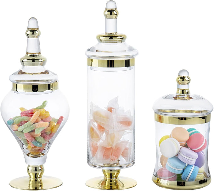 MyGift 3 Piece Clear Glass Apothecary Jars with Metallic Brass Tone Lids