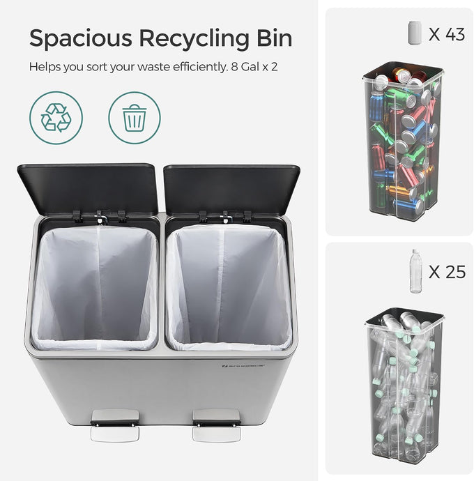 SONGMICS Trash Can, 2 x 8 Gallon (2 x 30 L), Silver and Black