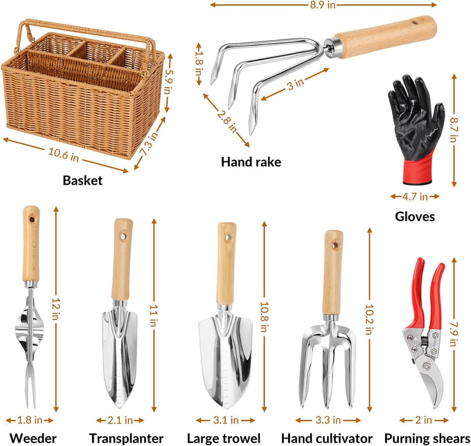SOLIGT 8 Piece Garden Tools Set with Basket, Gardening Gifts for Women Men
