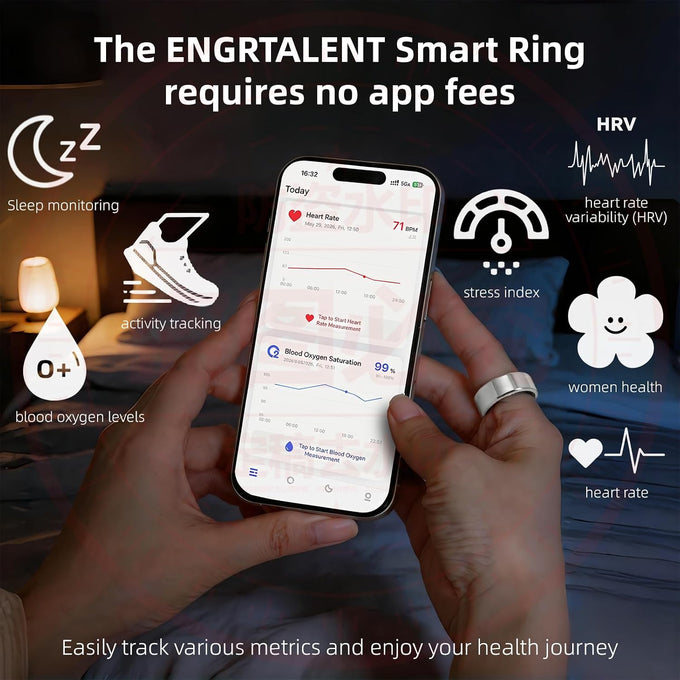 Smart Ring for Women & Men, Fitness Tracker Ring with Charging Case, Supports Heart Rate, HRV, Blood Oxygen, IP68 Waterproof, Sleep Tracking Ring for iOS and Android, No Subscription Fees(Silver 7)