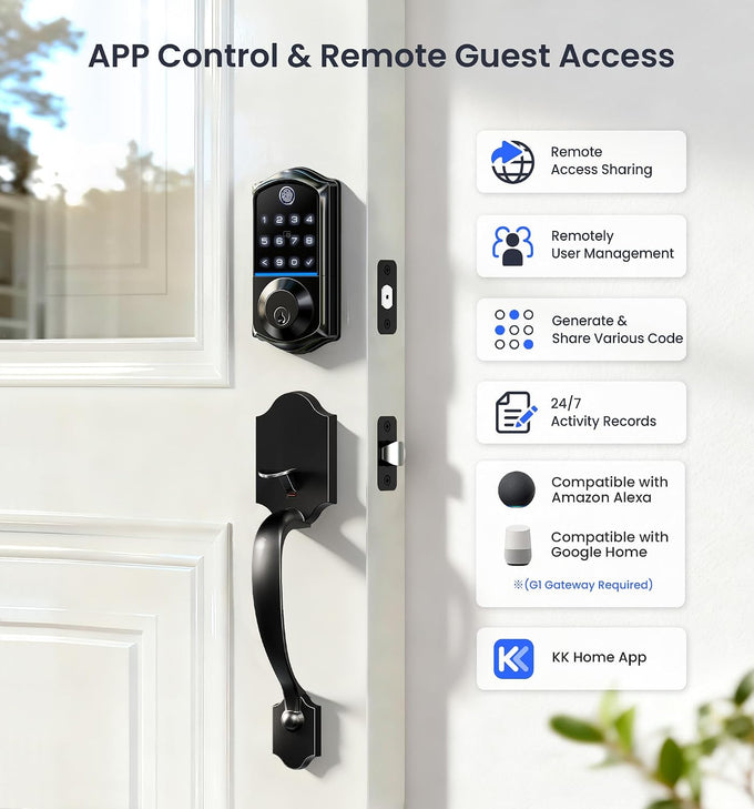 Veise VE017-H 8-in-1 Fingerprint Smart Front Door Lock Set, Matte Black