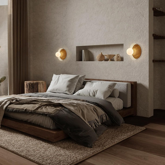 Wabi-Sabi Travertine Wall Sconce, Round Natural Stone & Walnut Wood Accent with White Glass Sphere Lamp Shade, G9 Bulb | Wall Lights for Bedroom, Hallways, Staircases, Hotel, Bars, Cafes