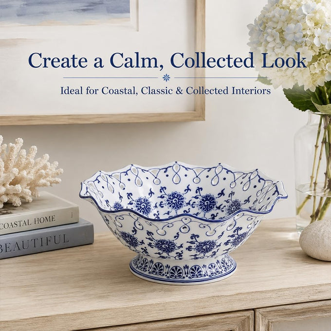 Blue and White Ceramic Fruit Bowl, Chinoiserie Decorative Pedestal Bowl