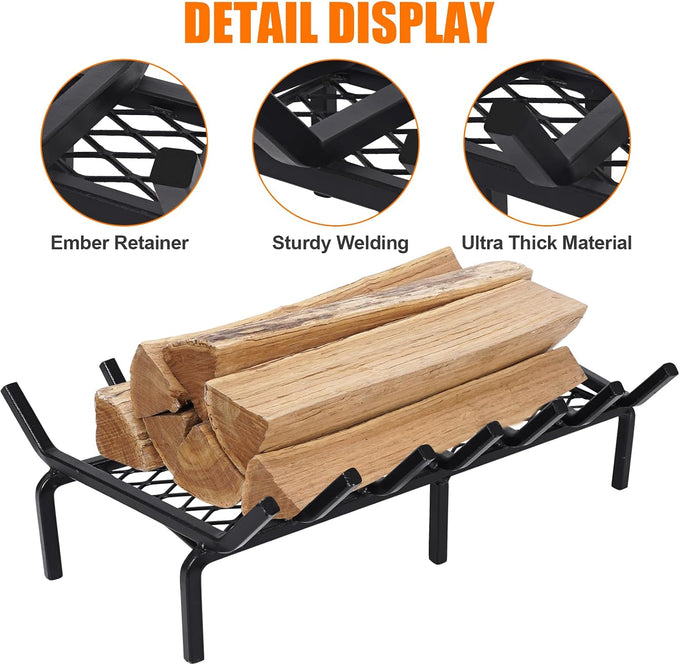 24 Inch Fireplace Grate with Ember Retainer,Cast Iron Fireplace Log Grate,Fireplace Log Holder,Heavy Duty Solid Steel Fireplace Wood Holder,Wood Stove Wrought Rack for Indoor Hearth Outdoor Fireplace