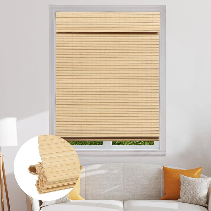 SEEYE Cordless Bamboo Roman Shades, Blackout Natural Bamboo Blinds for Indoor Windows, Roll Up Blind Privacy Shade for Home, Office, Door, UV Resistant & Easy to Install, 42" W x 64" H, Brown