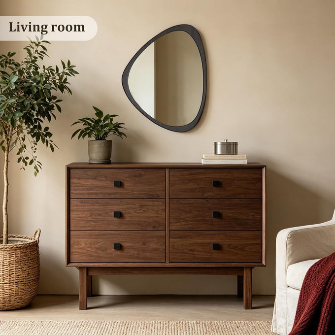 HOMECOOKIN 25 x 20 Asymmetrical Mirror, Irregular Wooden Wall Mirror for Bedroom, Living Room,Entryway– Mid-Century Modern Decorative Mirror, Solid Wood Frame, Pebble Shaped Design (Dark Brown)