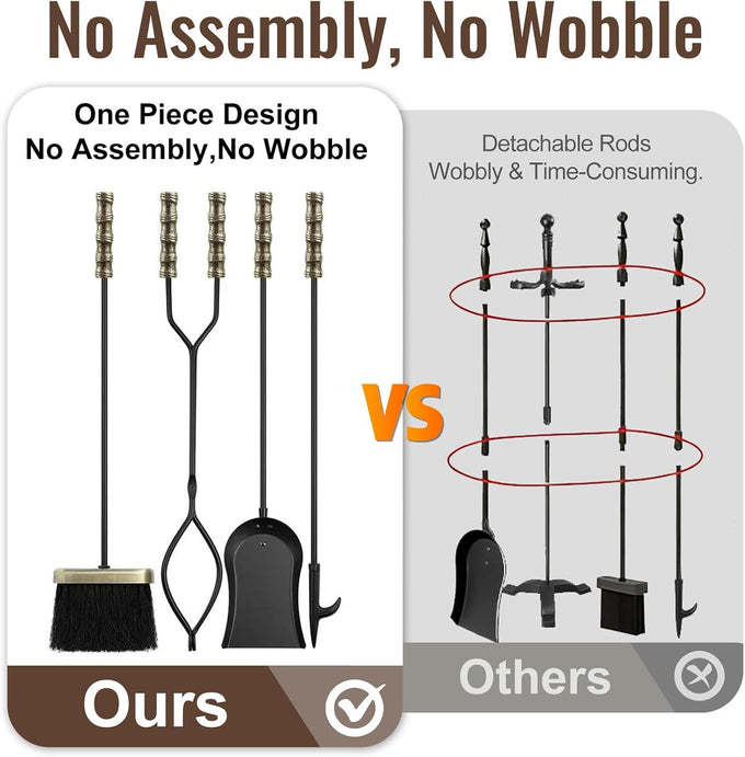 AMAGABELI GARDEN & HOME Fireplace Tools Set 5 Pcs Wrought Iron Indoor with Stand for Fire Place Kit Holder Wood Stove Hearth Accessories Chimney Fire Pit Tongs Shovel Brush Poker Fireset Outdoor Brass