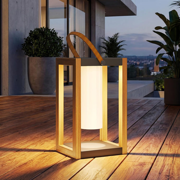 Solar Yard Outdoor Solar Lanterns, Solar Lamp Decorative Outdoor Water-Resistant Steel Table Decor with Handle for Patio, Yard, Porch, Small Woodgrain