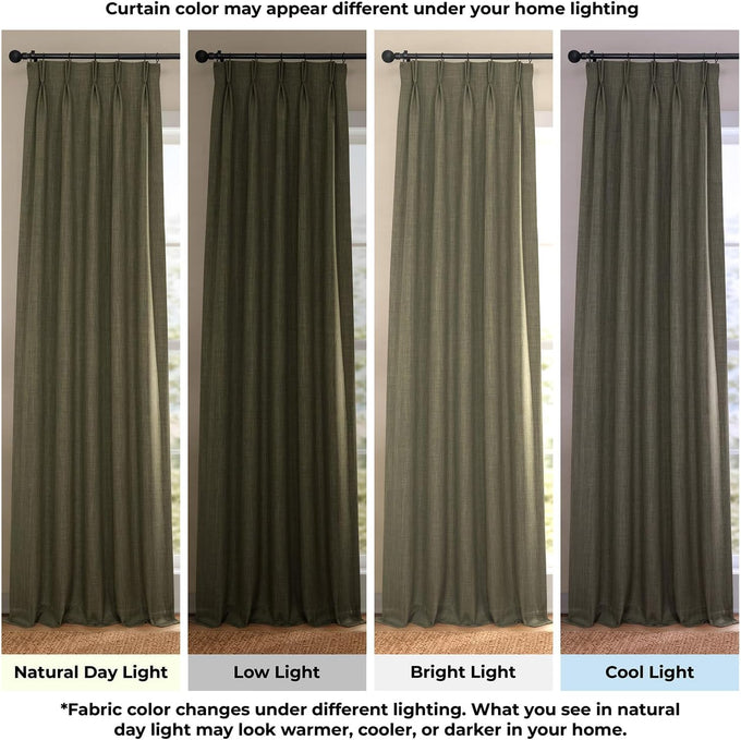 Faux Linen Pleated Curtains for Bedroom (1 Panel) - 25W x 84L, Khaki Green