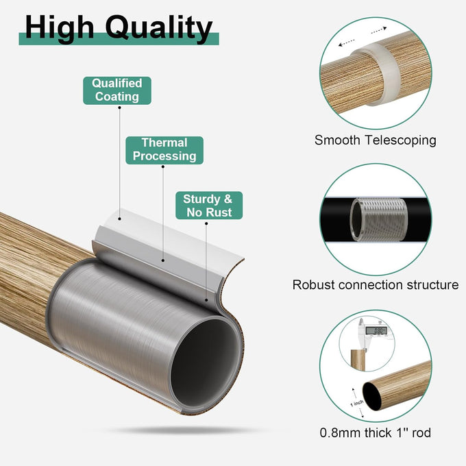 QDWIS 2 Pack Boho Wood Curtain Rods for Windows 48 to 84 inch,1" Adjustable Heavy Duty Window Curtain Rod with Imitation Wood Grain Finials,Rustic Decorative Drapery Rods Set 36-88'',Weathered Wood