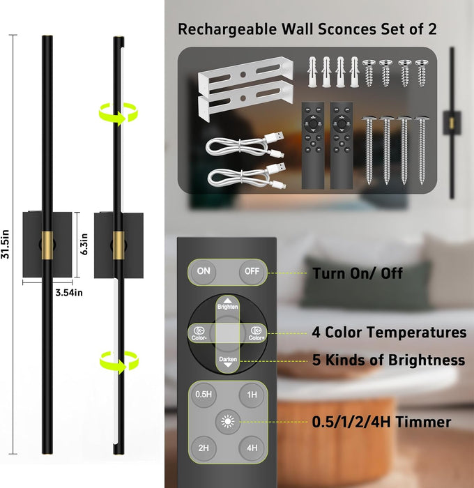 iThird Battery Operated Wall Sconces Set of 2, 10000mAh, Black