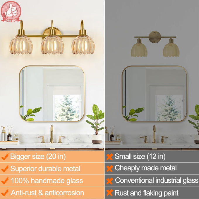 Bathroom Light Fixtures, 3-Light Brushed Gold Vanity Lights for Bathroom with Ribbed Amber Tulip Glass Shade, 20 in Bathroom Vanity Lights Over Mirror for Bedroom, Living Room, Hallway