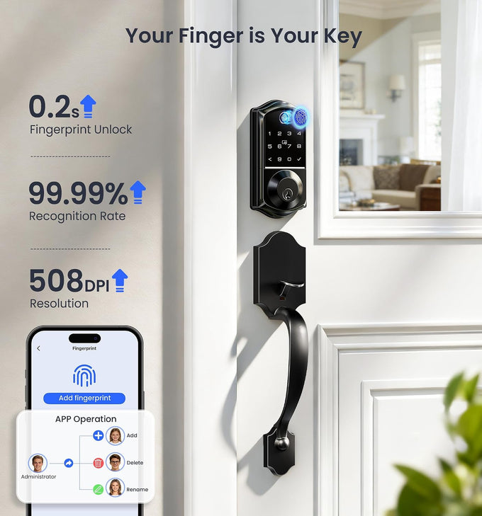 Veise VE017-H 8-in-1 Fingerprint Smart Front Door Lock Set, Matte Black