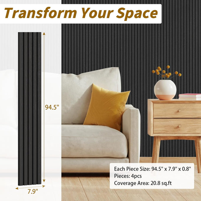IMXPW 4-Piece Acoustic Wood Wall Panels, 3D Fluted Soundproof Wood Slat Wall Panels for Interior Wall Decor, 94.5" x 7.9"-Black