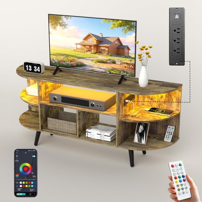 55" Amber Small TV Stand 7 Shelves with Outlet and Smart Light