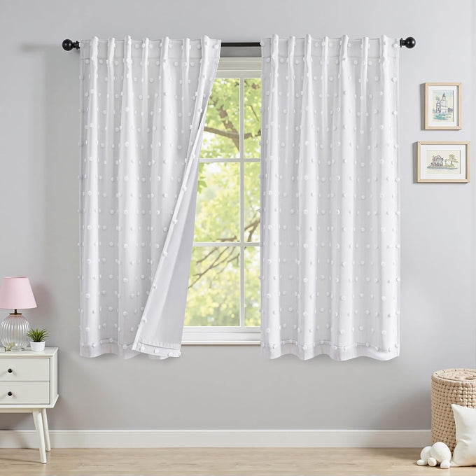 MYSKY HOME Blackout Curtains White Pom Pom for Kids Bedroom 54 Inch Pack-2