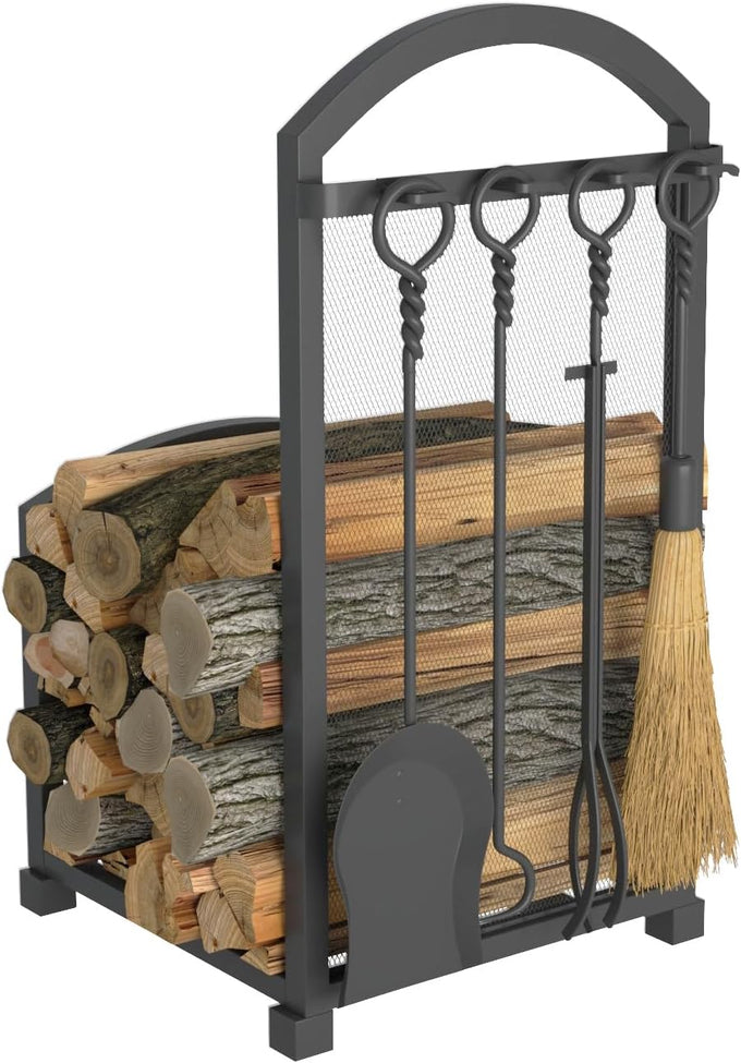 Lizh Metalwork Fireplace Log Holder with Fireplace Tools, Wrought Iron Indoor Stove Accessories Firewood Rack Holder Lumber Storage Stacking Log Holder Log Bin with Tongs Shovel Poker and Brush