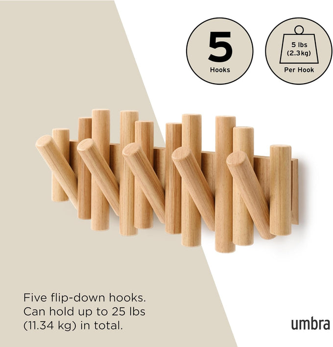 Umbra Picket Coat Rack, Wall Mount 5 Flip-Down Coat Hooks, Natural