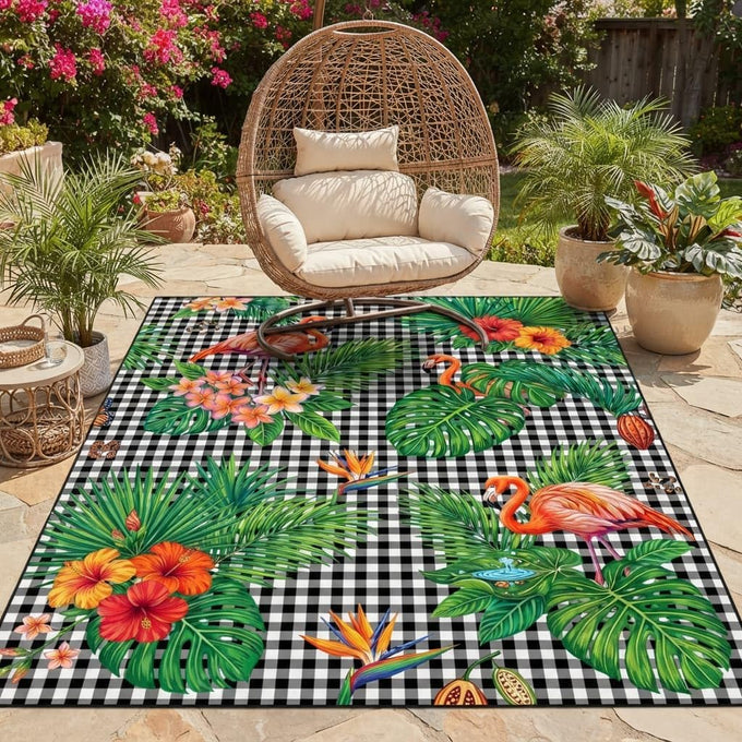 Luxury Flamingo Tropical Leaf Flower Patter 4x6 Outdoor Rug Blue Pink Gold Waterproof Soft Pile Carpet for Patio Porch Deck Balcony Chic Double Layer Border Garden Backyard Durable Mat