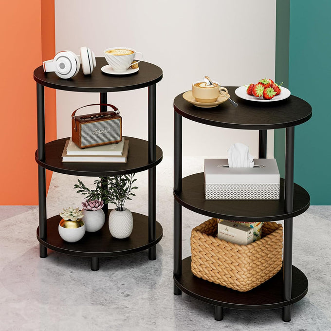 Small Round Side Table - 3-Tier Oval Accent Table for Small Spaces, Rustic Wood and Metal Couch End Table, Nightstand for Bedroom or End Table Living Room, Set of 2, Rustic Brown