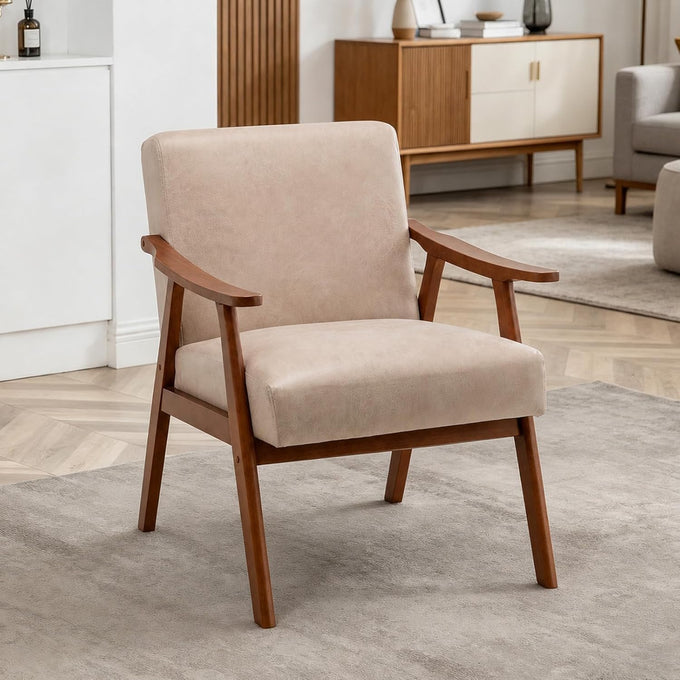 Anwick Mid-Century Accent Chair,Modern Living Room Chairs with Solid Wood Frame,Comfy Velvet Armchair Lounge Reading Chairs for Bedroom Office Small Spaces (Beige)